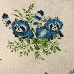 Vintage Cute Blue Raccoon Fabric on linen/cotton 44 x 64. B7